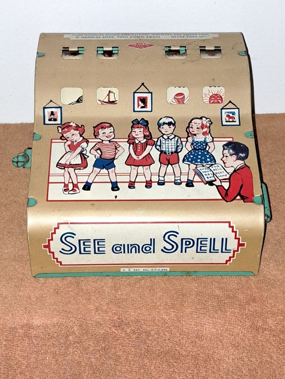 Vintage 1943 Toy Wolverine Tin See and Spell Child Metal Learning Toy